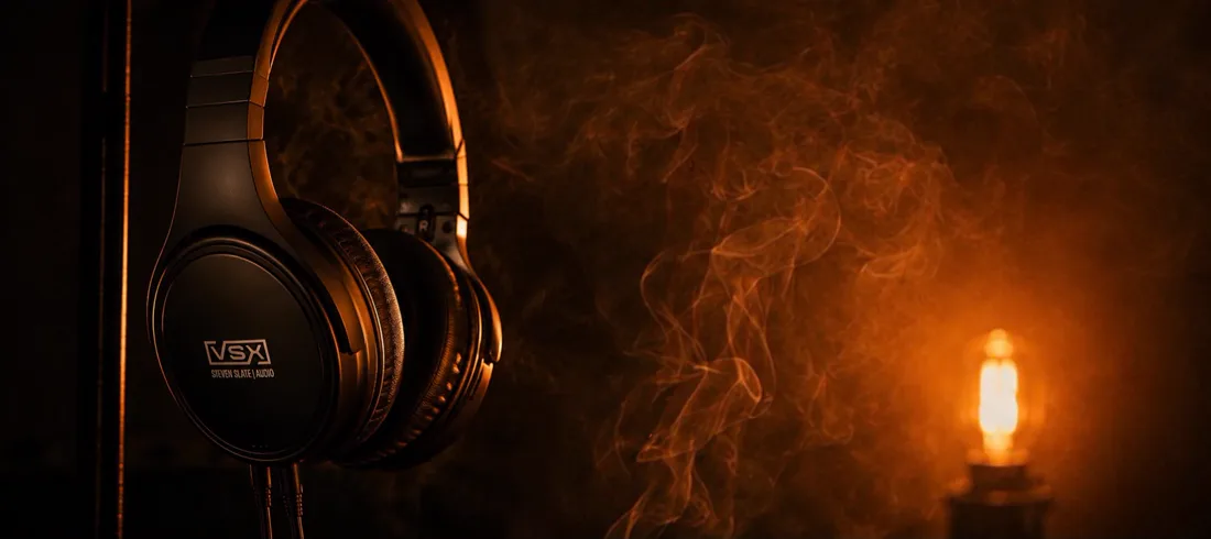 Auriculares de estudio en su soporte con humo naranja detrás