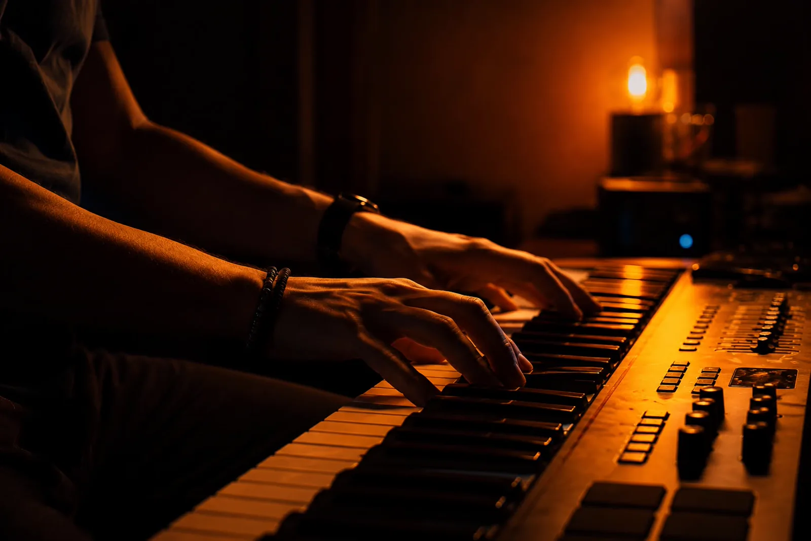 Las manos de Javi Perera tocando teclas bajo luz cálida de estudio